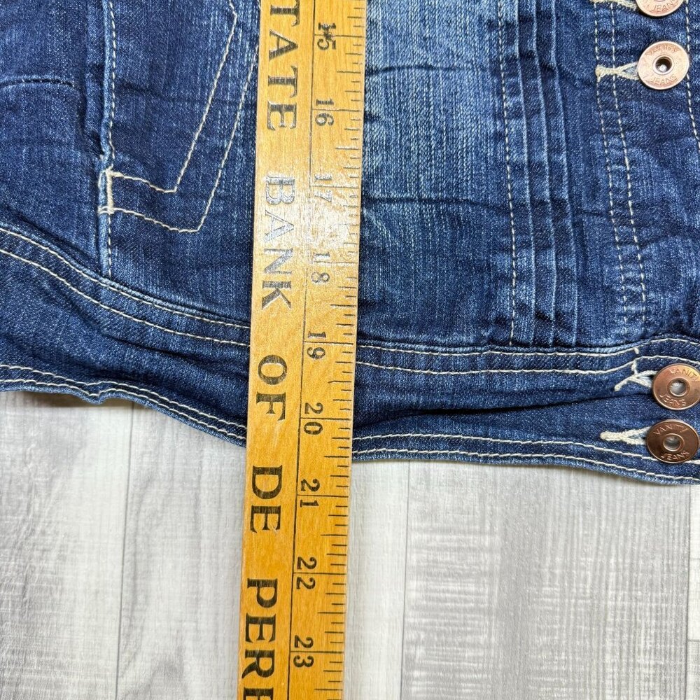 ✅Womens L Vanity Jean Jacket Blue Denim Button Up Pockets Dark Wash Distressed - Picture 5 of 10